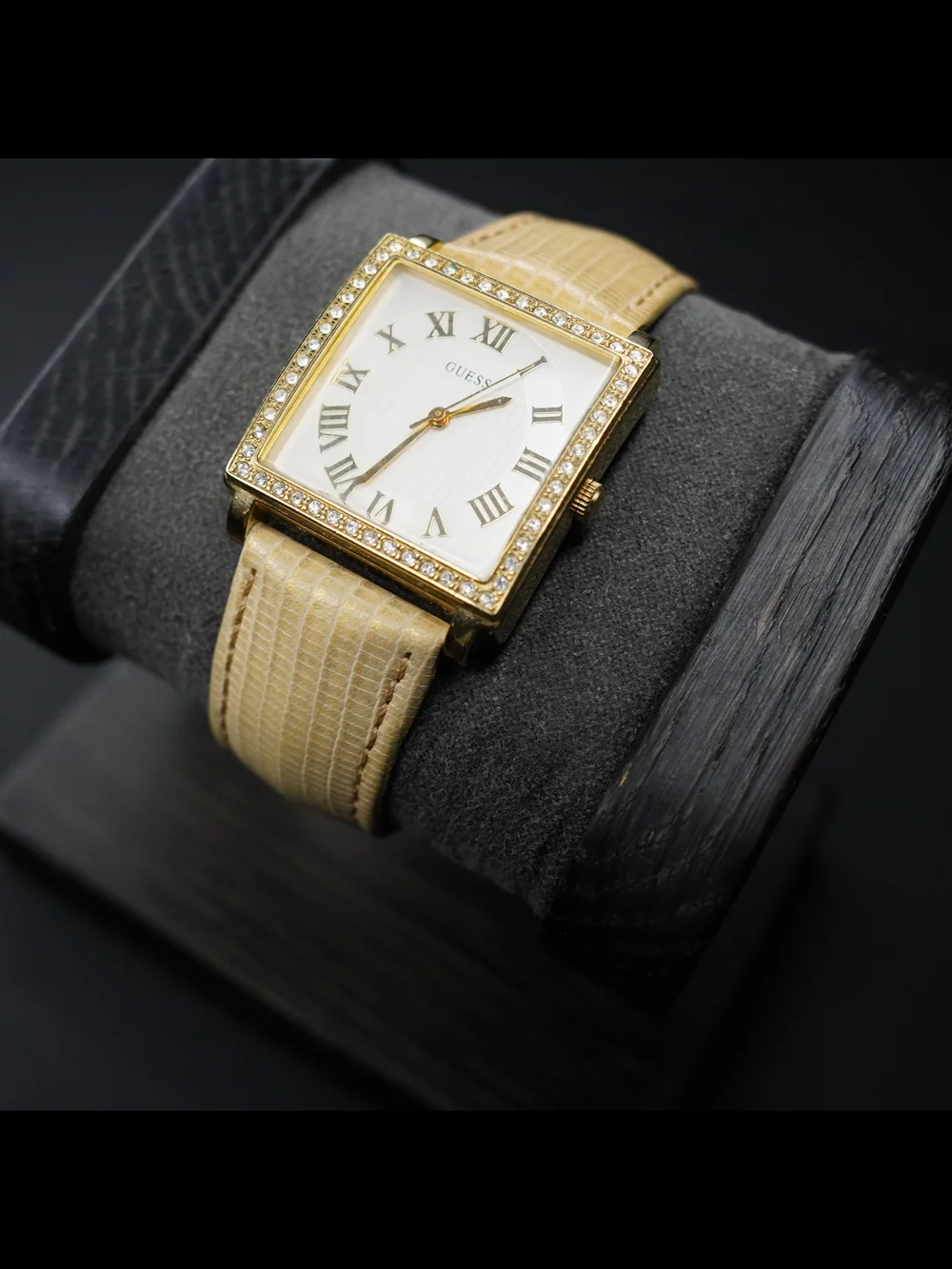 GUESS Women’s Gold-Tone Square Rhinestone Bezel Roman Numeral Quartz Beige Strap